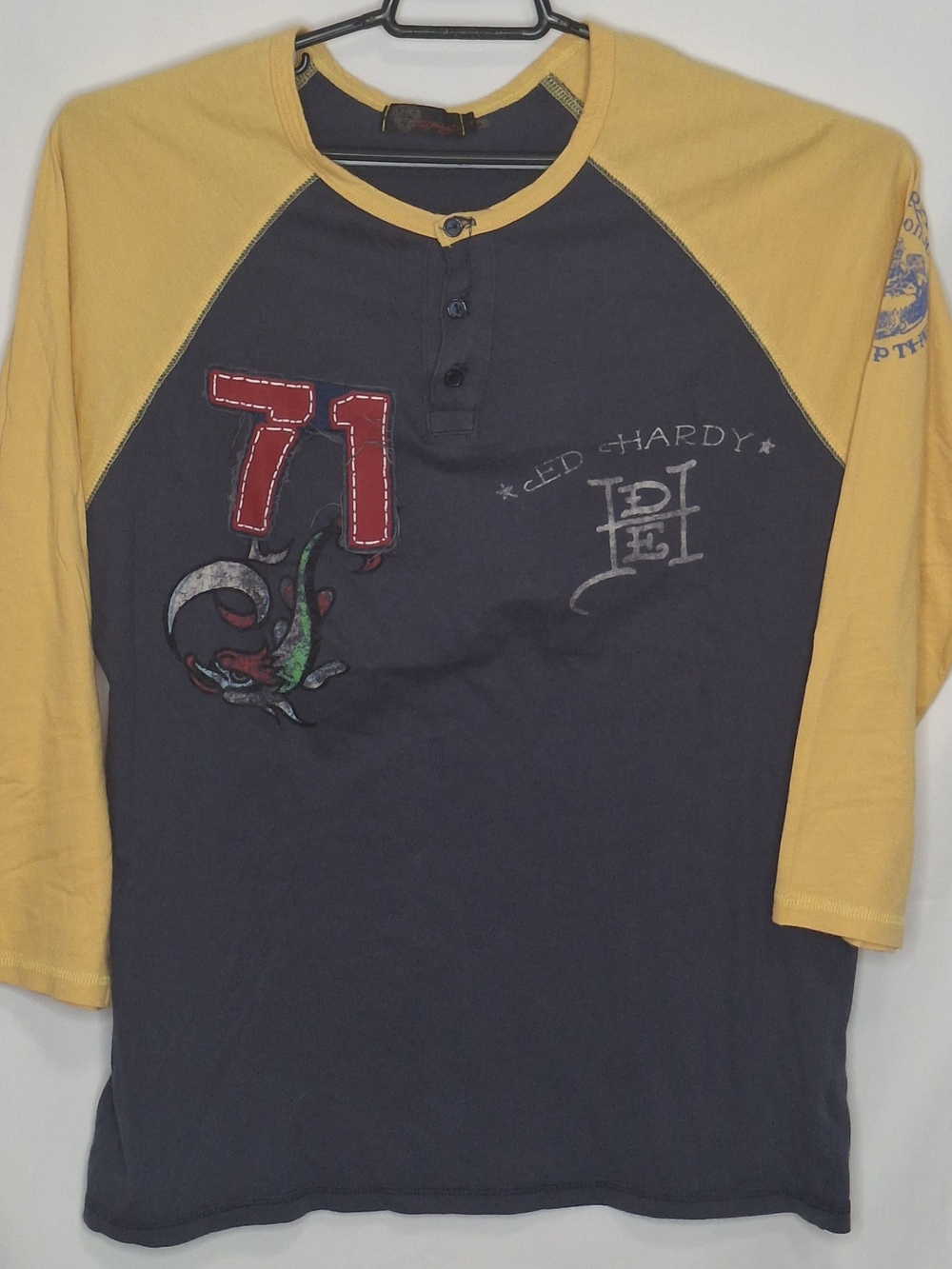 Ed Hardy Navy and Mustard Raglan Henley with Red 71 Patch
